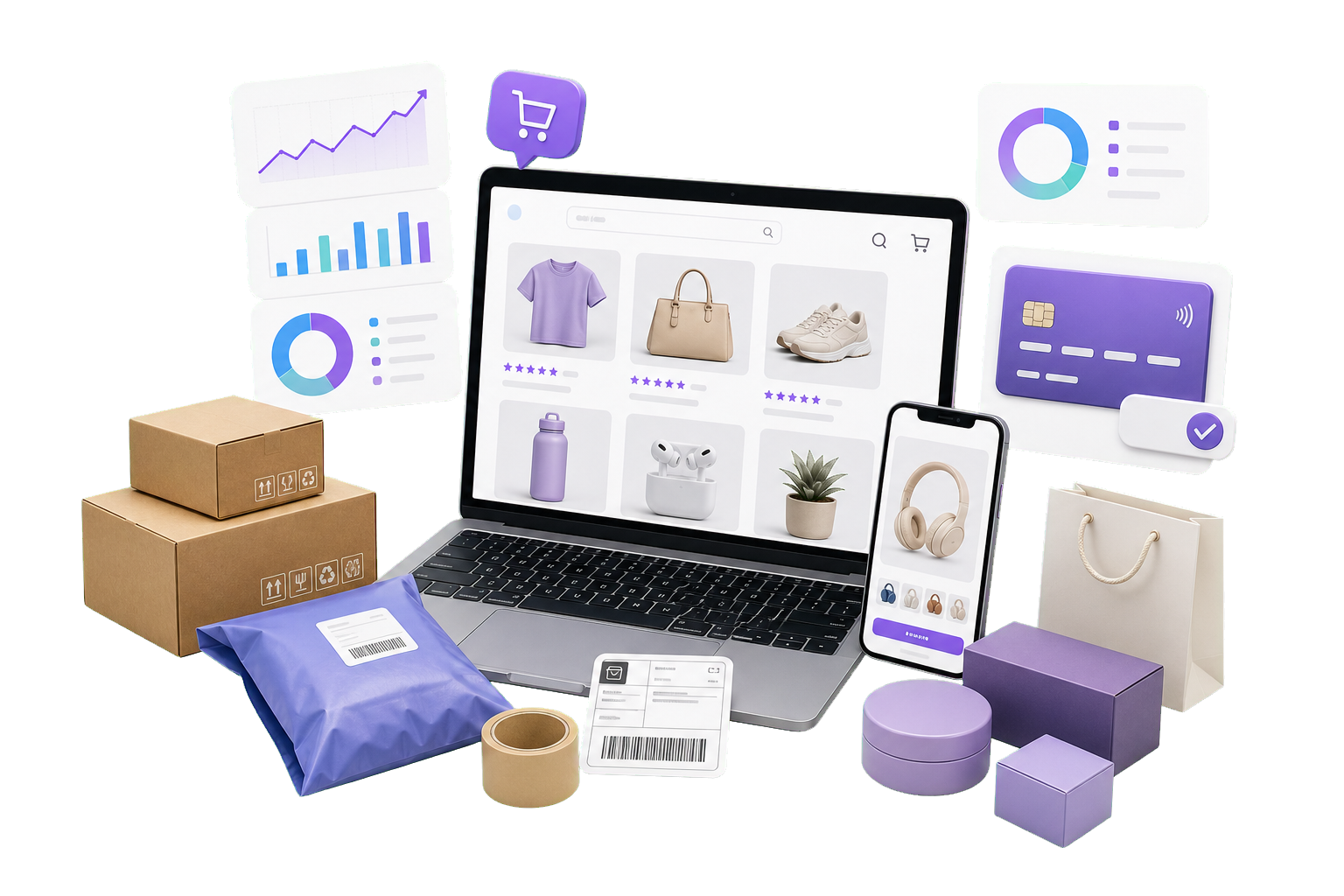 Ecommerce storefront, checkout, product, shipping, and analytics assets for FlowShop