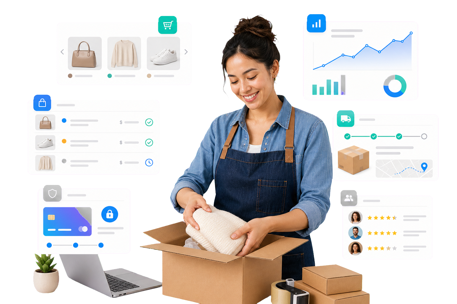 A small business merchant packing an online order with FlowShop commerce dashboards